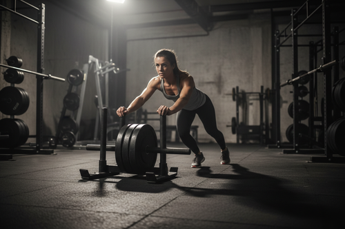 woman doing sled push in a dark gym